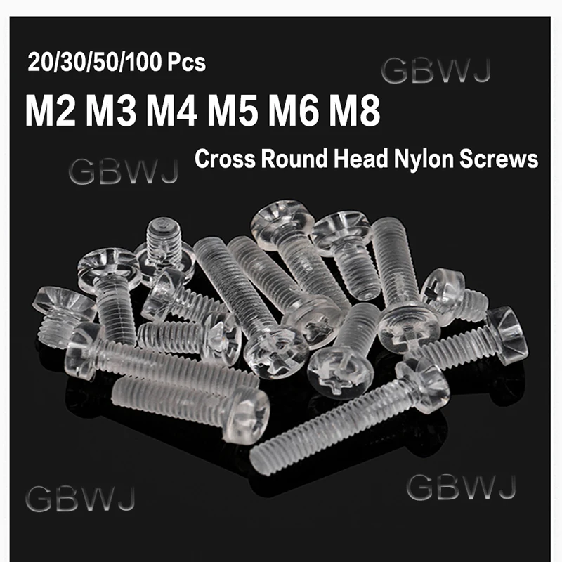 M2 M3 M4 M5 M6 M8 Transparent Acrylic Cross Round Head Nylon Screws Plastic Phillips Screw 20/30/50/100pcs