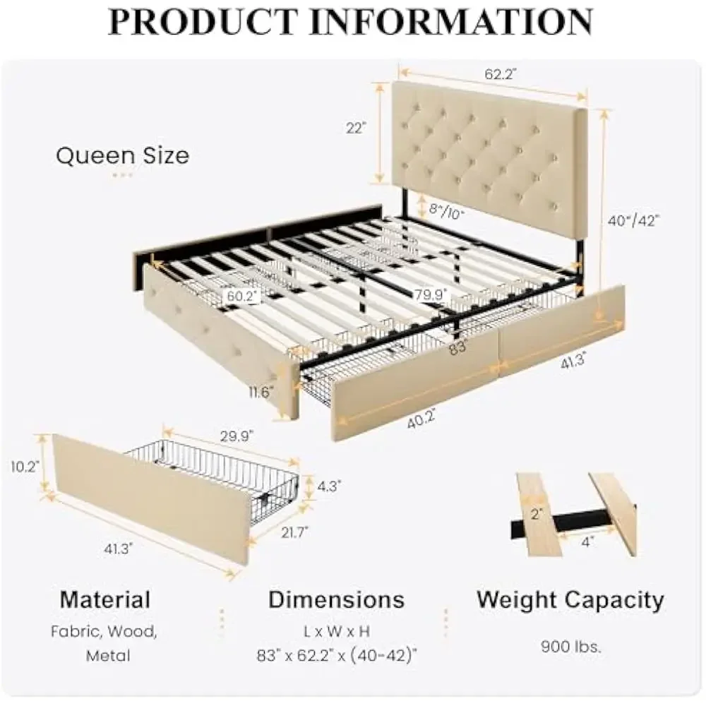 إطار سرير بحجم كوين مع 4 أدراج تخزين، لوح رأسي قابل للتعديل مع تصميم معنقدة بزر مخيط بالألماس، لا حاجة إلى صندوق زنبركي