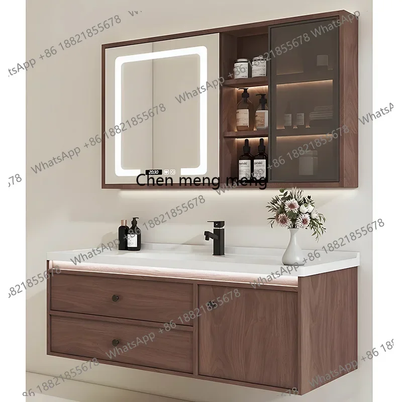 zG185New Chinese walnut color bathroom cabinet combination hand wash face  basin integrated bathroom washtable solid wood cabine