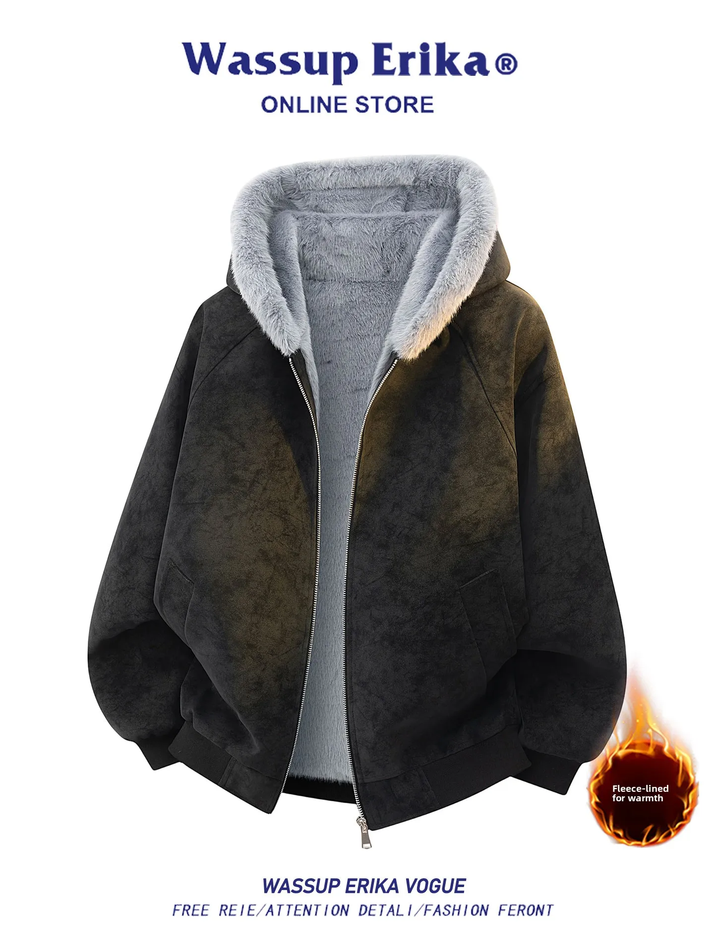 Wassup Erika Jaet de algodón para hombre con capucha peso ligero piel de Litchi Otoño Invierno cálido Casual Faion relleno de fibra de poliéster