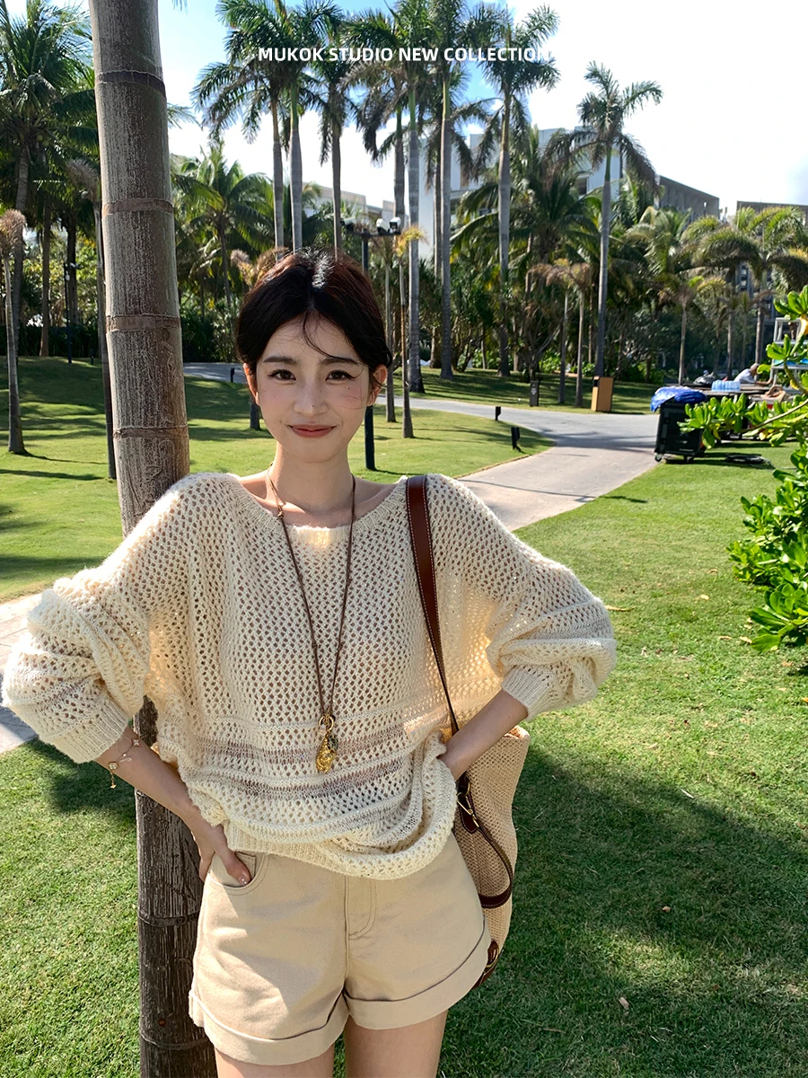 

MUKOK Clouds between Dr Thin Hollow Knitted Sweater Women's Spring Autumn Loose Slimming Sun Protection Cover up