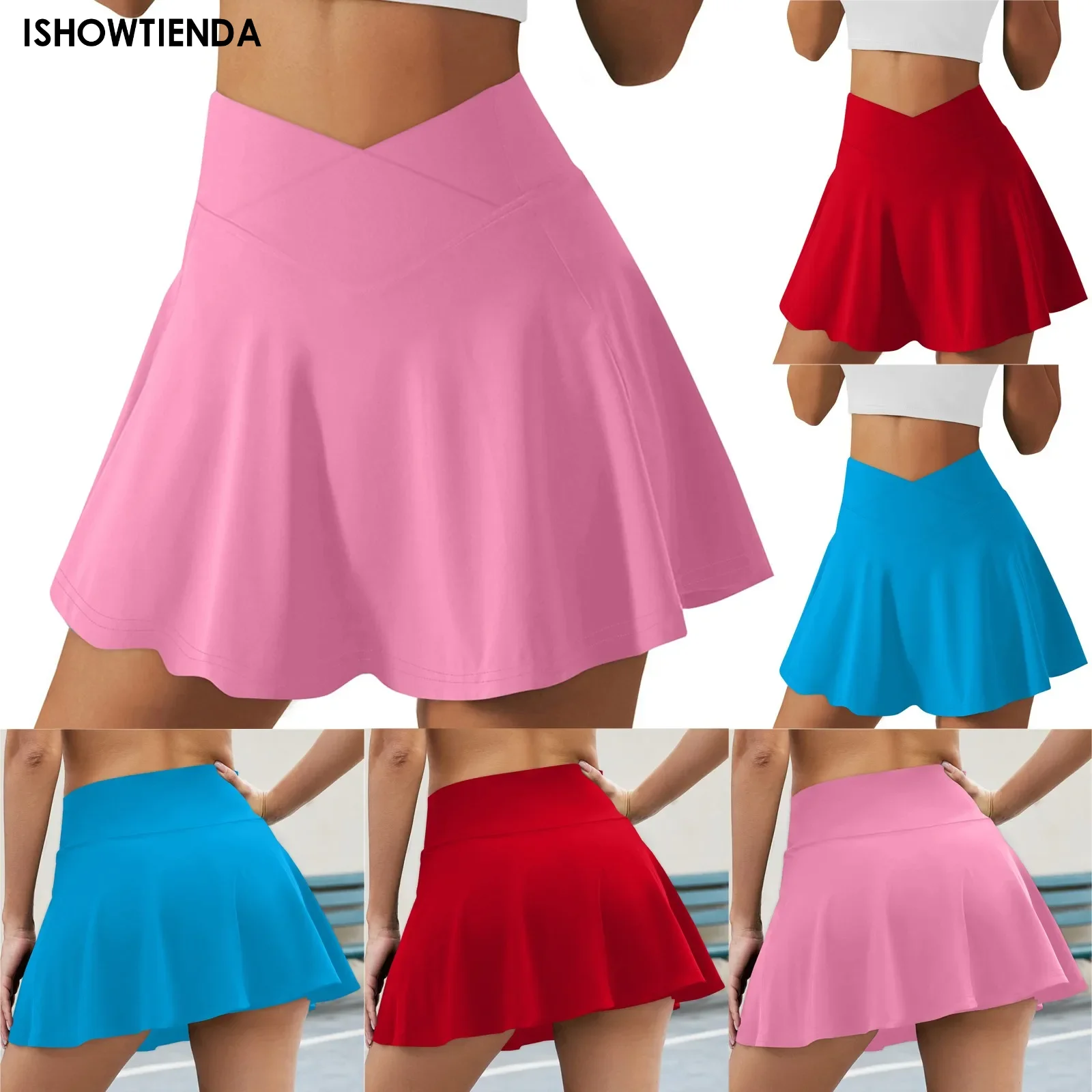 Summer Sexy Miniskirt Casual Solid Color Cross-waist Tennis Skirt For Women With Pockets And Anti-exposure Short Skirts Faldas