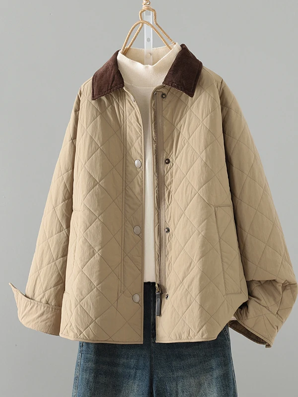 

Women's plus Size Cotton Jaet Quilted Design Stand Collar Warmth Color Blo Outerwear Casual Loose Fit Winter Coat