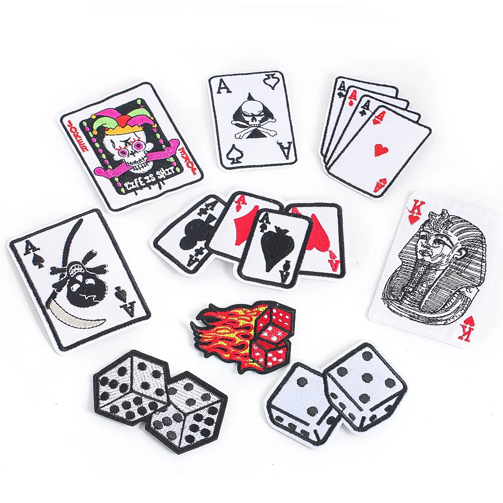 9PCS Personalised Playing Cards Dice Embroidery Patches Pharaoh Joker DIY Iron On Transfers Clothing Sewing Supplies Accessories