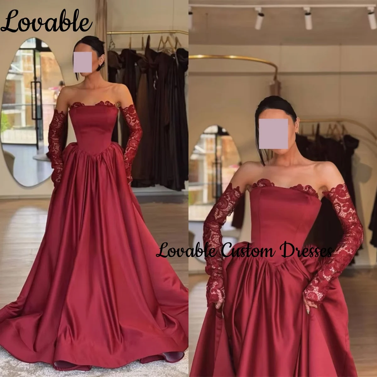 

Customize Formal Dresses A-Line Strapless Lace Women'S Evening Dresses Floor-Length Zipper Up Wedding Party Dress Long Sleeves