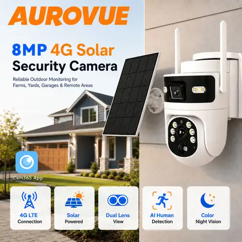 4K 8MP 4G Solar Security Camera Outdoor Dual Lens Battery IP Camera Human Detection Full Color Night Vision Two Way Audio Solar Powered Wireless CCTV Video Surveillance Camera For Home Security Outdoor Monitoring