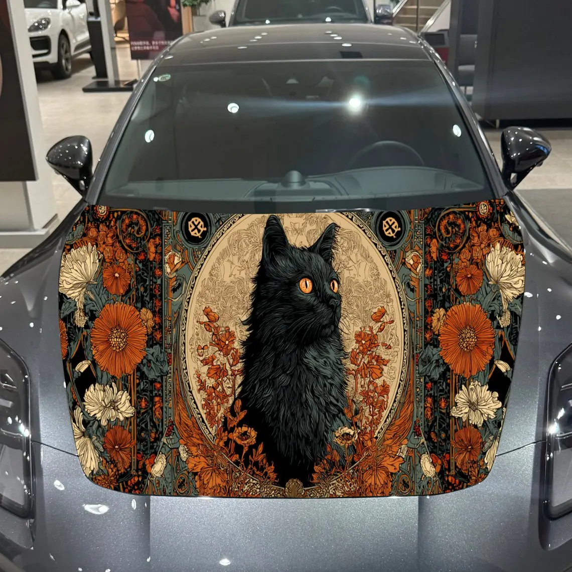 

Black Cat with Daisy Floral Pattern Car Hood Vinyl Stickers Car Surface Protection Decal Car Decoration Cover Vinyl Wraps Waterp