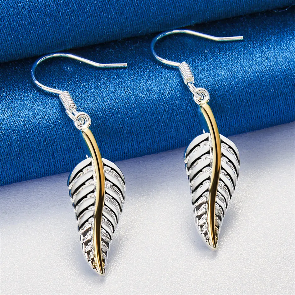 

1 pair of 925 sterling silver exquisite feather pendant earrings for women's fashion wedding party jewelry accessories gift