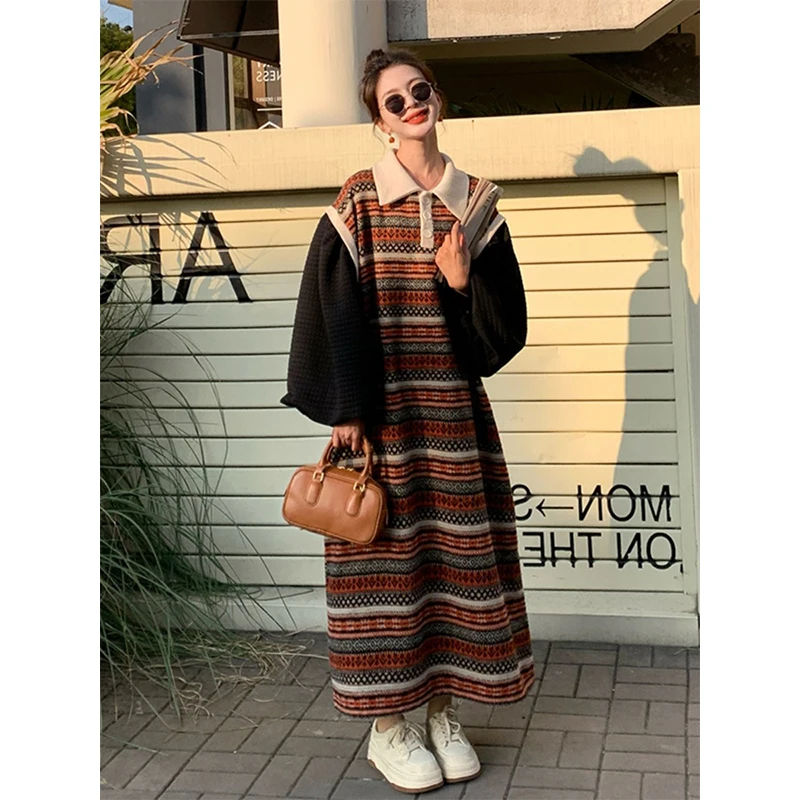 

plus Size Autumn Winter Vintage Embroidered Striped Collar Fake Two-Piece Loose Dr Women's Faion Korean Sle A-Lin...