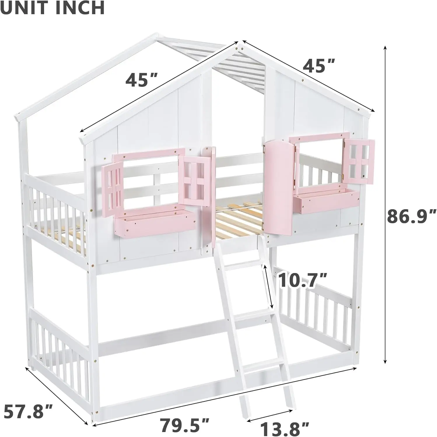 Letti a castello per la casa struttura del letto a castello doppia in legno con tetto, finestra, porta e scatole portaoggetti, letto per bambini per bambine