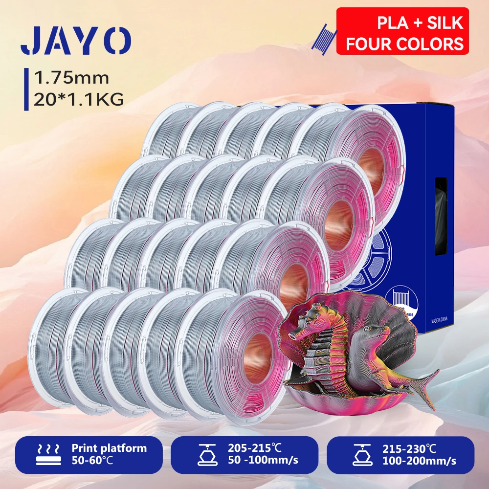 JAYO 20 Rollen 3D Zijde PLA Filament Vierkleurig PLA Plus 3D Printer Filament 1.75mm Glanzende Zijdetextuur 4-in-1 Kleurenfilament