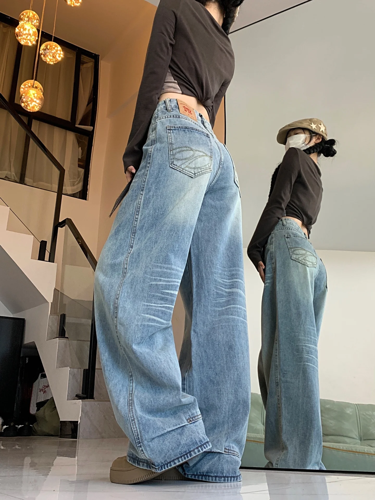 Celana Jeans Denim Retro Amerika Pinggang Tinggi Model Lurus dan Lebar untuk Wanita Ukuran Plus, Longgar, Meniruskan, Celana Musim Gugur