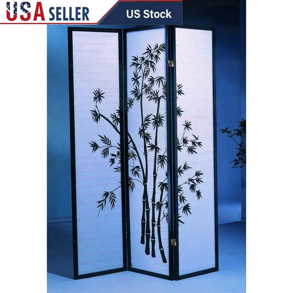

3-Panel Shoji Screen Room Divider Black Wood Folding Privacy Divider Lightweight Decorative Screen Home Office Use