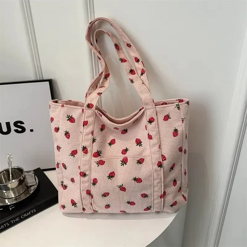 Cord-Handtasche mit Erdbeer-Print, Strandtasche, Modische Große Tragetasche für Frauen, Vielseitige Pendler-Schultertasche, Bolsos – Detail 4