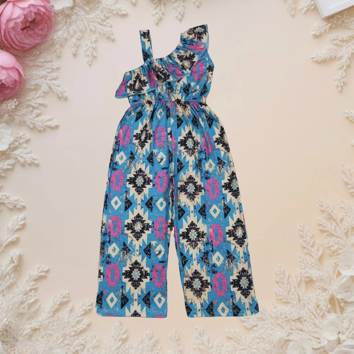 

3m-16years Children Sleeveless Toddler Baby Girl Western Turquoise Aztec Straps Jumpsuit Clothes Kids Bell Pants Infant Overalls