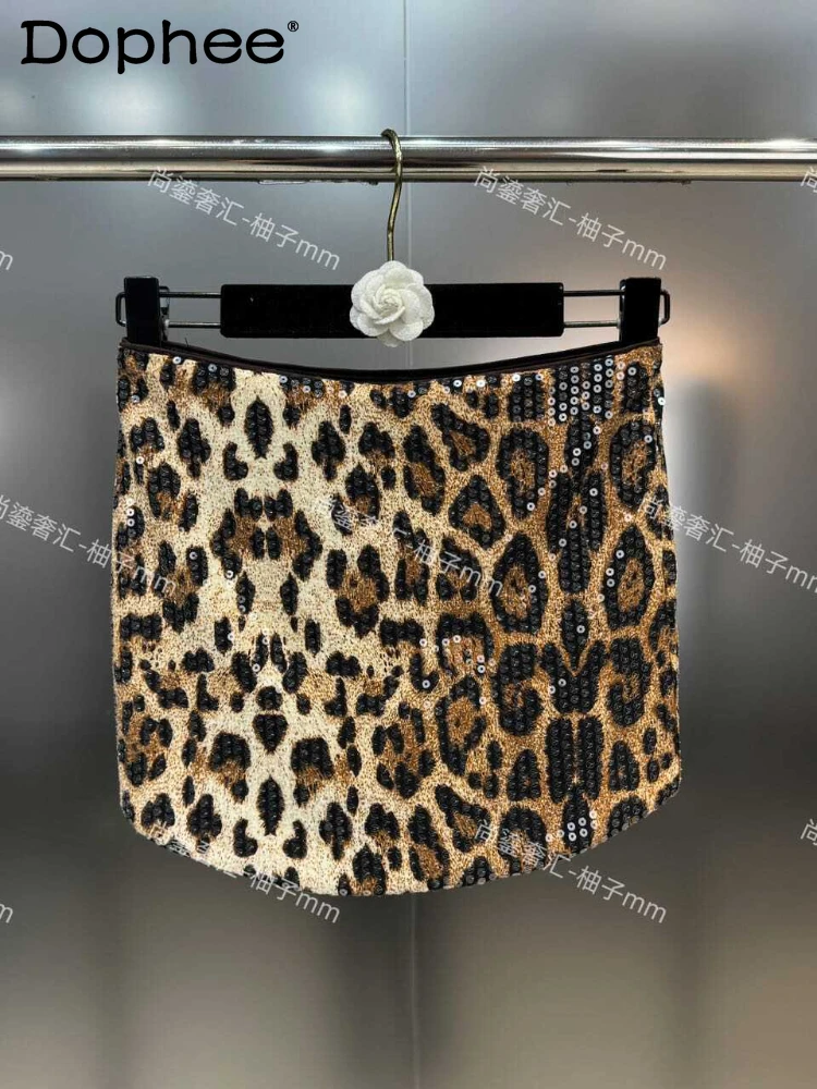 

Sexy Girl Leopard Print Nightclub Skirt Autumn 2024 Full Sequined Socialite Hip Skirt Korean Fashion Clothing Mini Skirts Women