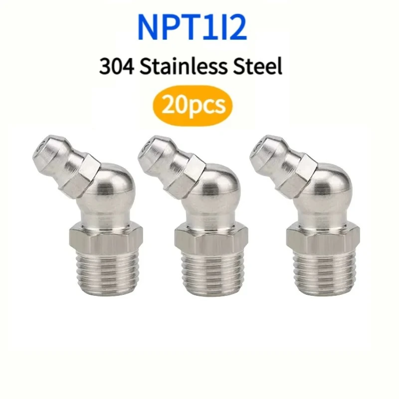 20pcs NPT1/2 45° 304 stainless steel Grease Nipple Metric Male Thread Straight Elbow Type Oil Zerk Fitting for Grease Gun