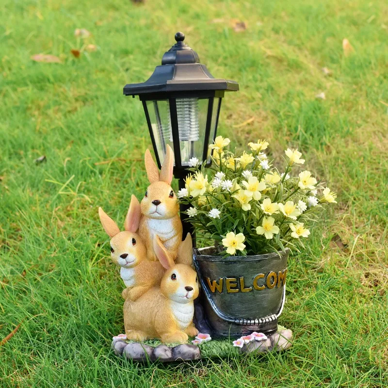 Creative Solar Simulation Animal Resin Ornaments Outdoor Garden Balcony Patio Decoration Rabbit Flowerpot Figurine Decoration