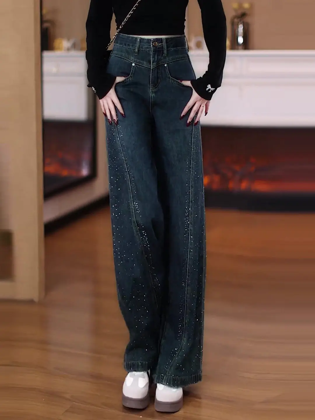 

High Waist Loose Fit Glitter Denim Jeans Women's Spring Autumn 2026 New Sle Lazy Straight Leg Wide Leg Long Pants