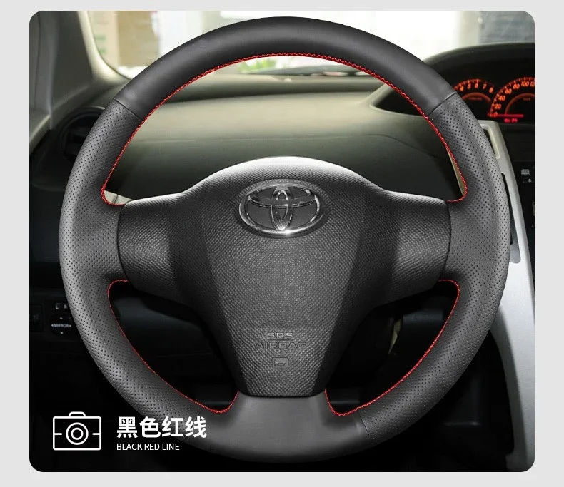 For Toyota Yaris 2008-11 Black Leather DIY Hand Sewn Steering Wheel Cover Interior Handle Cover