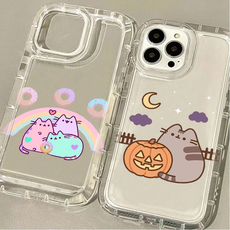 Cartoon Pusheen Cat Clear Phone Case For iPhone 16 15 14 13 12 11 Pro Max XS X XR 8 7 Plus SE 2020 Silicone Shockproof Cover