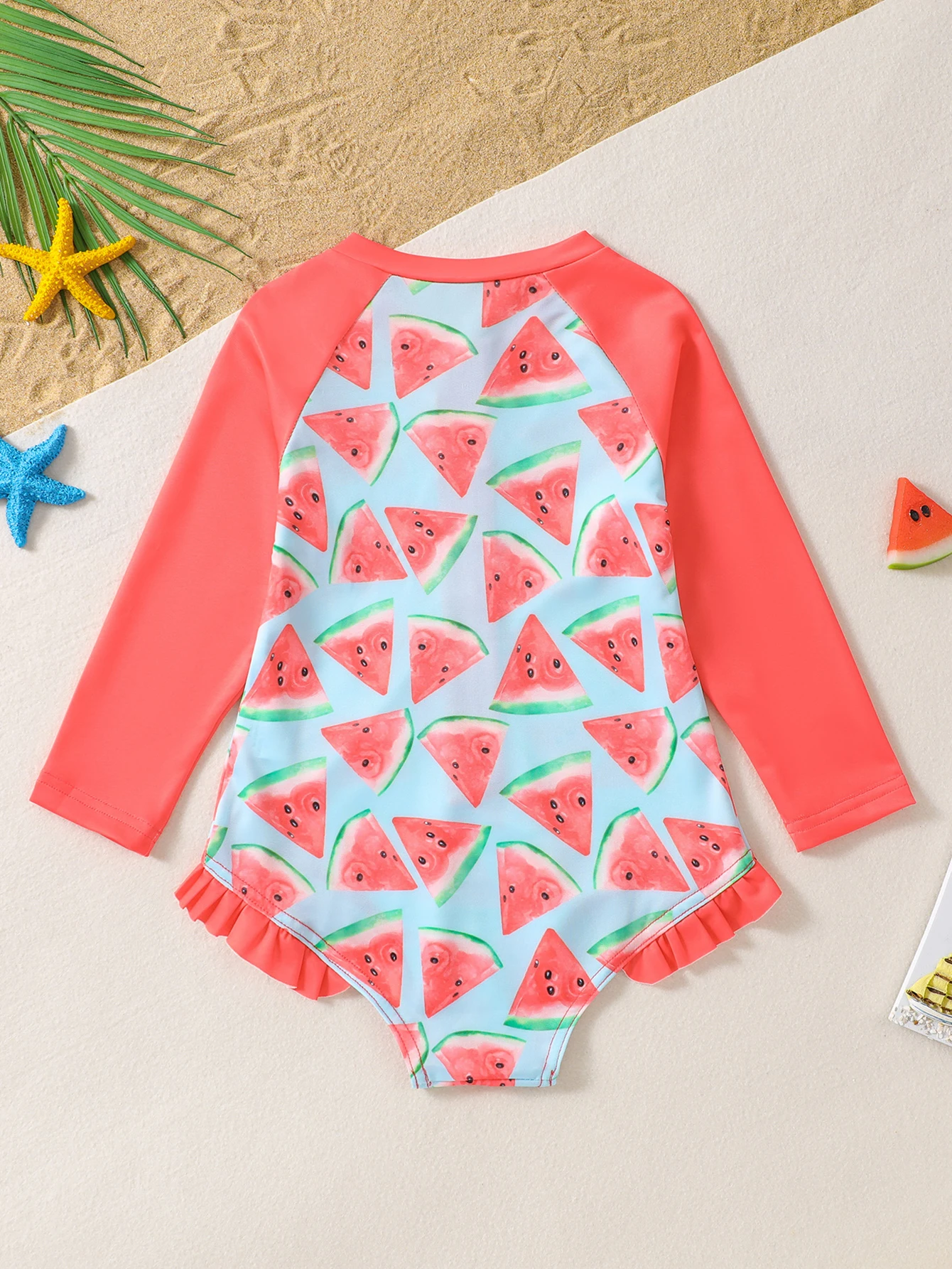 Girls Sweet One Piece Zipper Swimsuit Allover Watermelon Print Long Sleeve Crew Neck Ruffle Hem Cute Fashion Swimwear