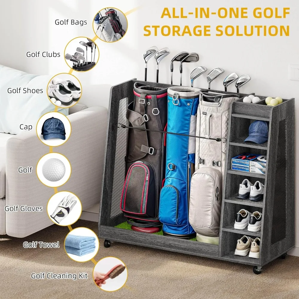 Bag Organizer for Garage, Wooden Bag Stand Holder with Wheels, Golf Storage Organizer for Golf Bags, Clubs, Balls