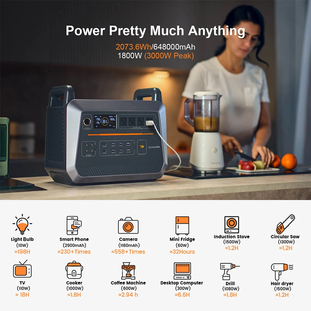 Sunark AC Output 110V Portable Solar Power Generator 2Kwh 2000W Lifepo4 Solar Portable Power Stations for Camping