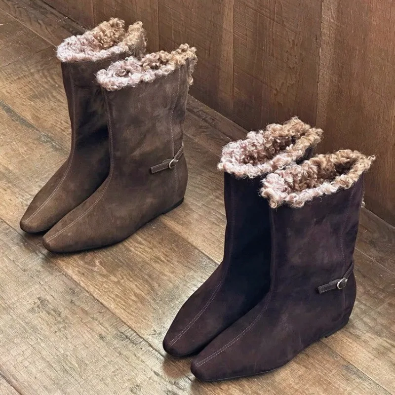 Inner Height Increasing Flat Shoes Winter New Square Toe Metal Buckle Middle Tube Cotton Boots