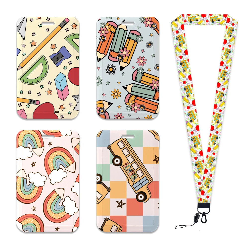 Lovely School Card Sleeve Protector Custom Stationery Personality Name ID Card Badge Holder with Ribbon Lanyard