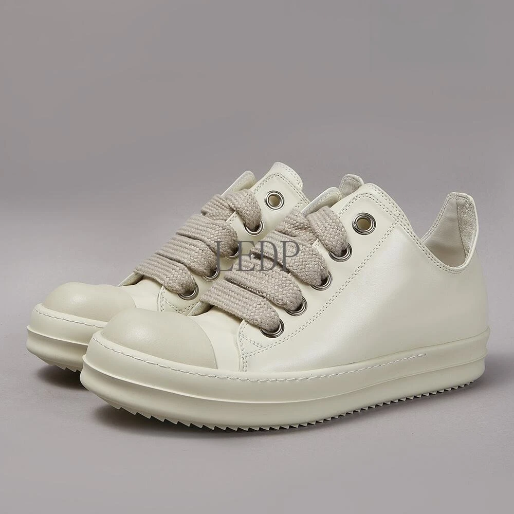 

Brand Classic Design Trendy Thick laces Ivory White Leather Shoes Men Low Top Casual Shoe Fashion Designer Jumbo Laces Sneakers