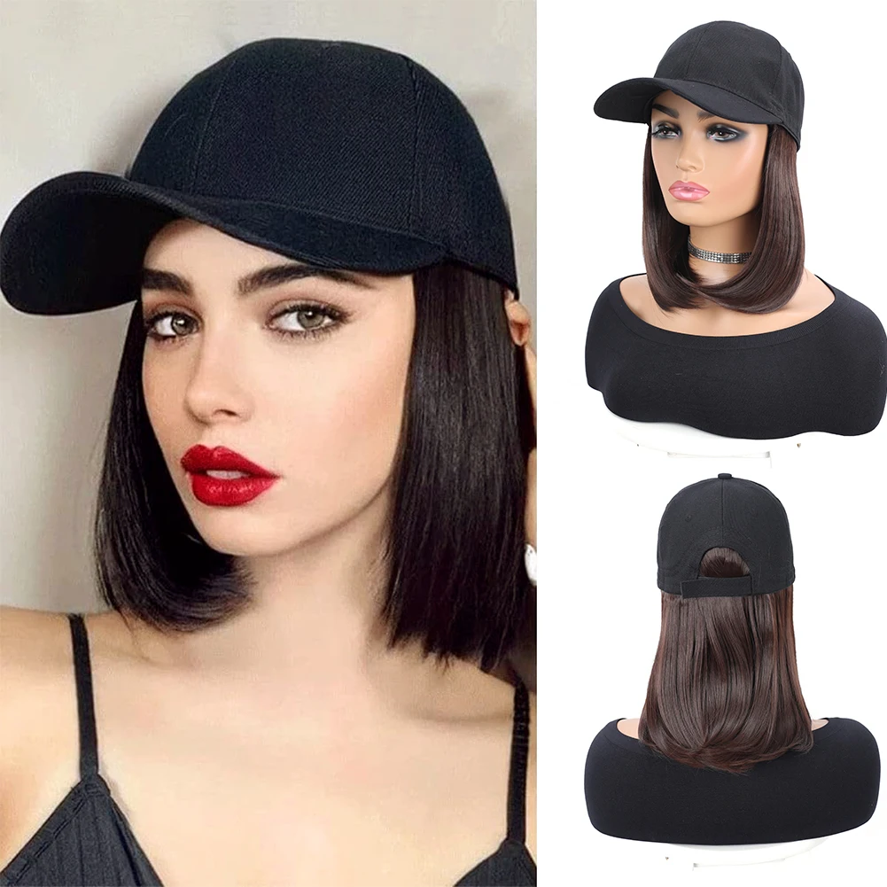 Baseball Cap with Synthetic Hair Extensions Heat Resistant 10 Inch Adjustable Short Straight Bob Wigs in Hat for Women Daily Use