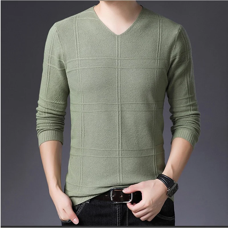 New Mens Clothes Spring Autumn Solid Color Casual V-Neck Sweaters Korean Fashion Slim Fit Long-Sleeved Sweater Men