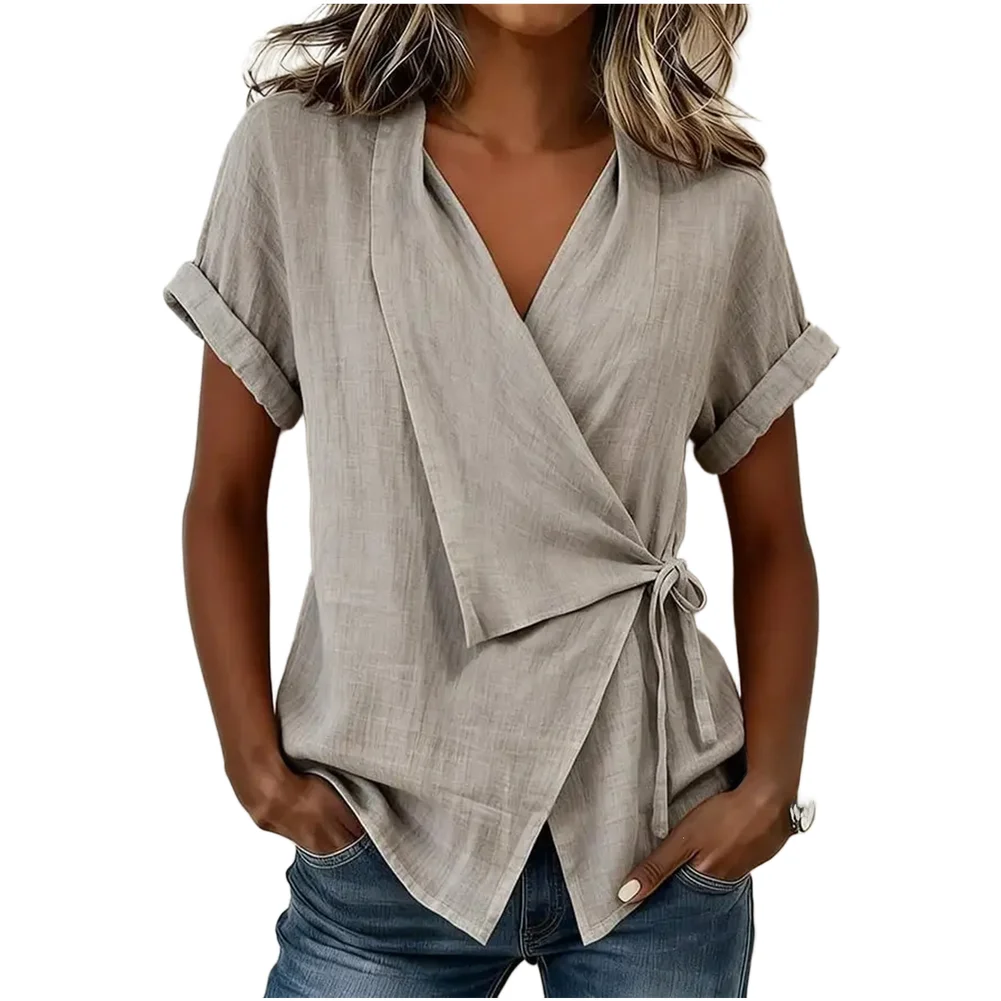Solid Color V Neck Tie Front Short Sleeve Shirt for Women Summer Beach Vacation Cycling Yoga Outdoor Comfort Fit