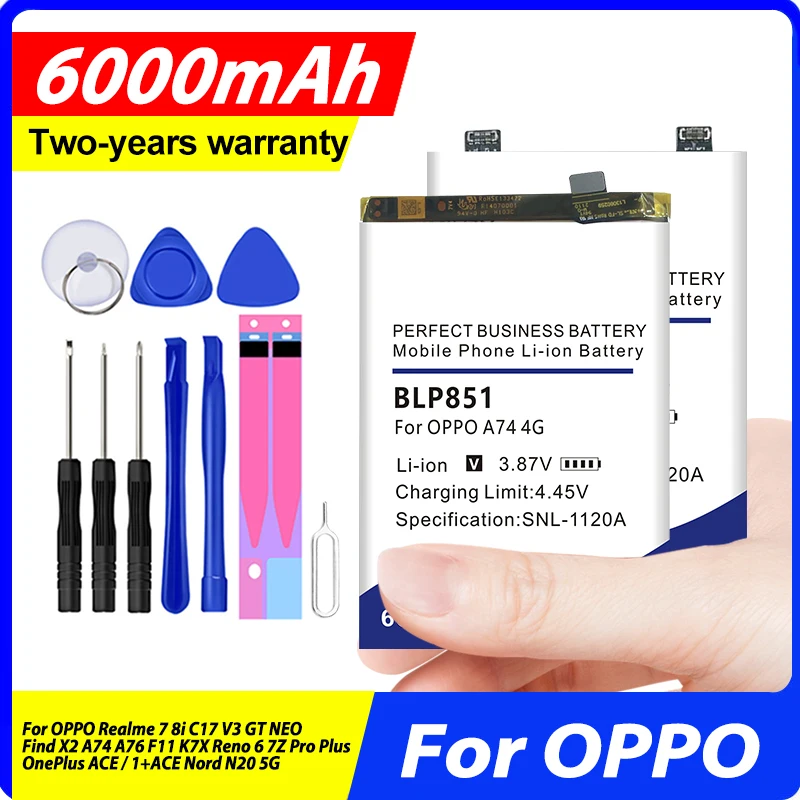 New Battery For OPPO Realme 7 8i C17 V3 GT NEO Find A76 X2 A74 F11 K7X Reno 6 7Z Pro Plus OnePlus ACE / 1+ACE Nord N20 5G