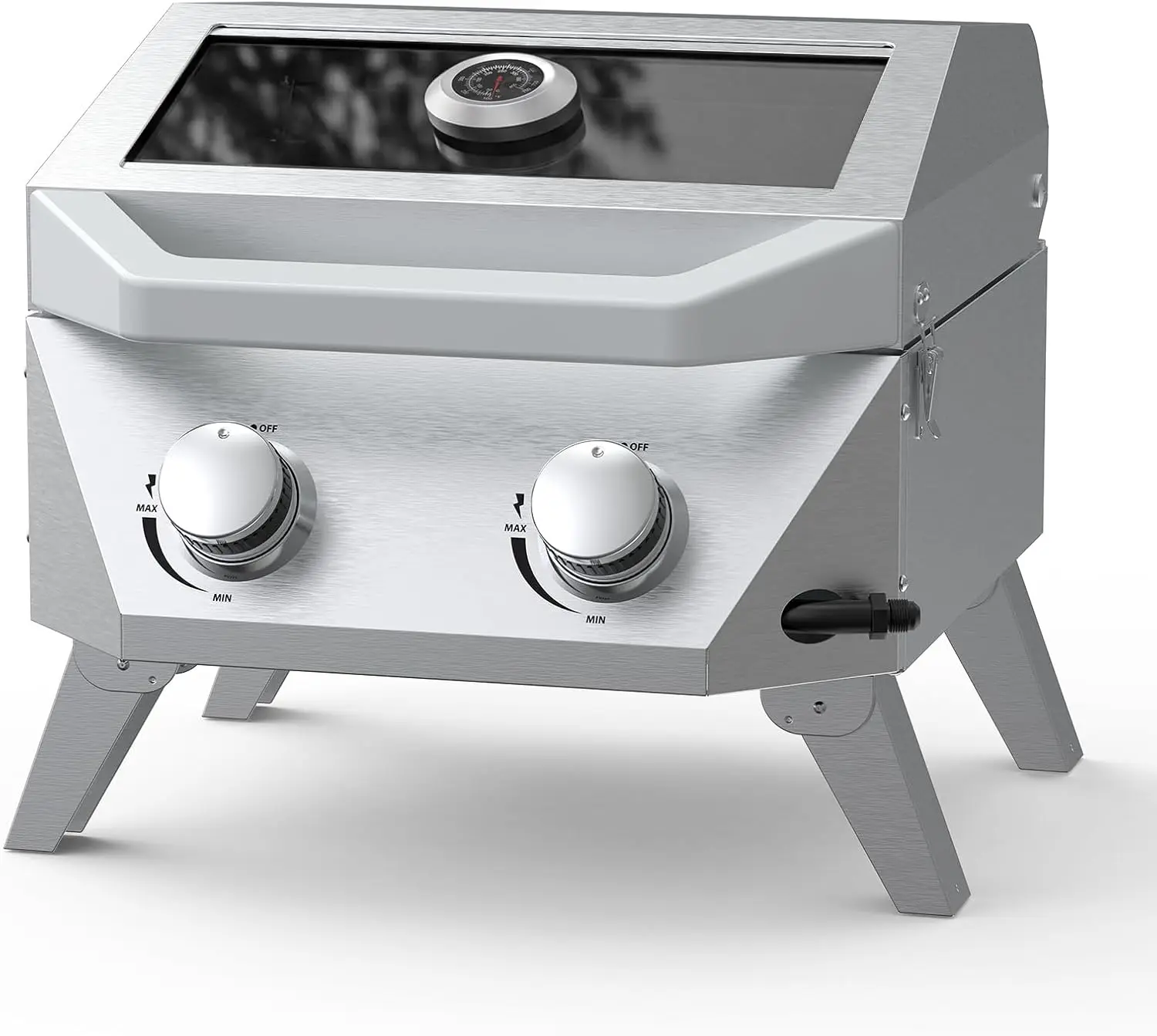Tabletop Gas Grill with 2 Burners & Viewing Glass Lid, 20,000 BTU Stainless Steel Portable BBQ Grill with Thermometer, Push-Butt