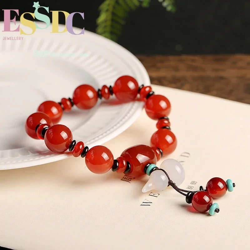 

Agate Bracelet Men And Women Couple Beads With Small Gourd Pendan Red Tibetan Natural Silk