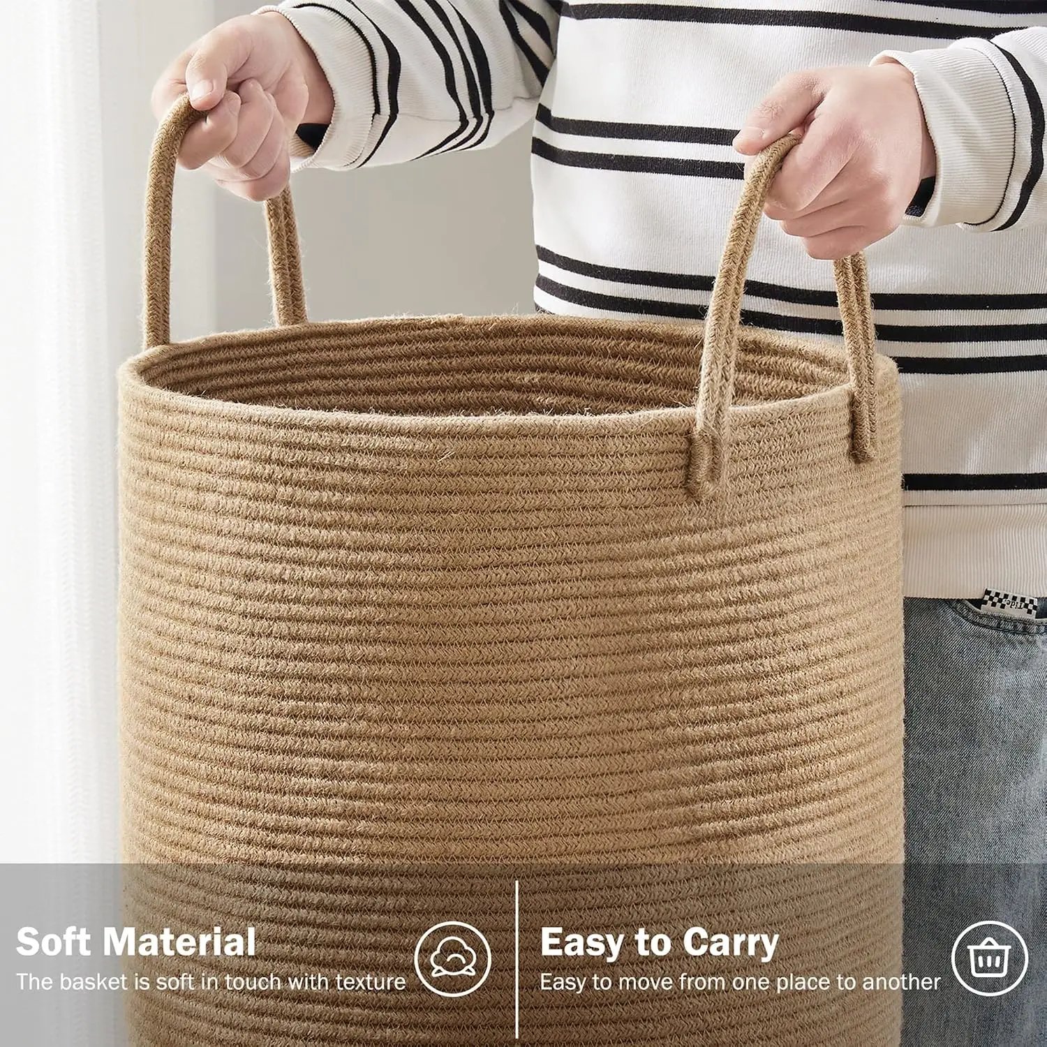 ロープ製ランドリーバスケット、58L背高ランドリーバスケット - Baby Nursery Laundry Basket のレビューと価格