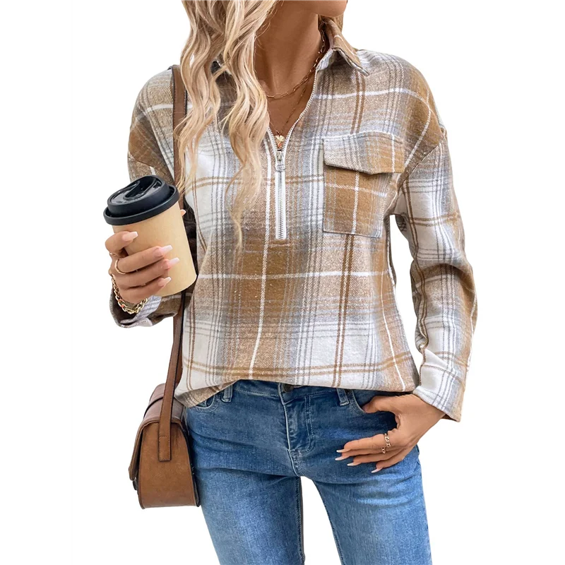 NEW-レディースチェック柄ジップアップシャツドレッシーカフス長袖トップスカジュアルワークブラウス