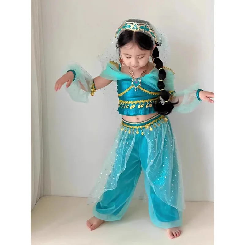 カスタマイズされた子供のインドダンスパフォーマンス衣装エキゾチックガールベリーダンス衣装ブルートップパンツ袖帽子