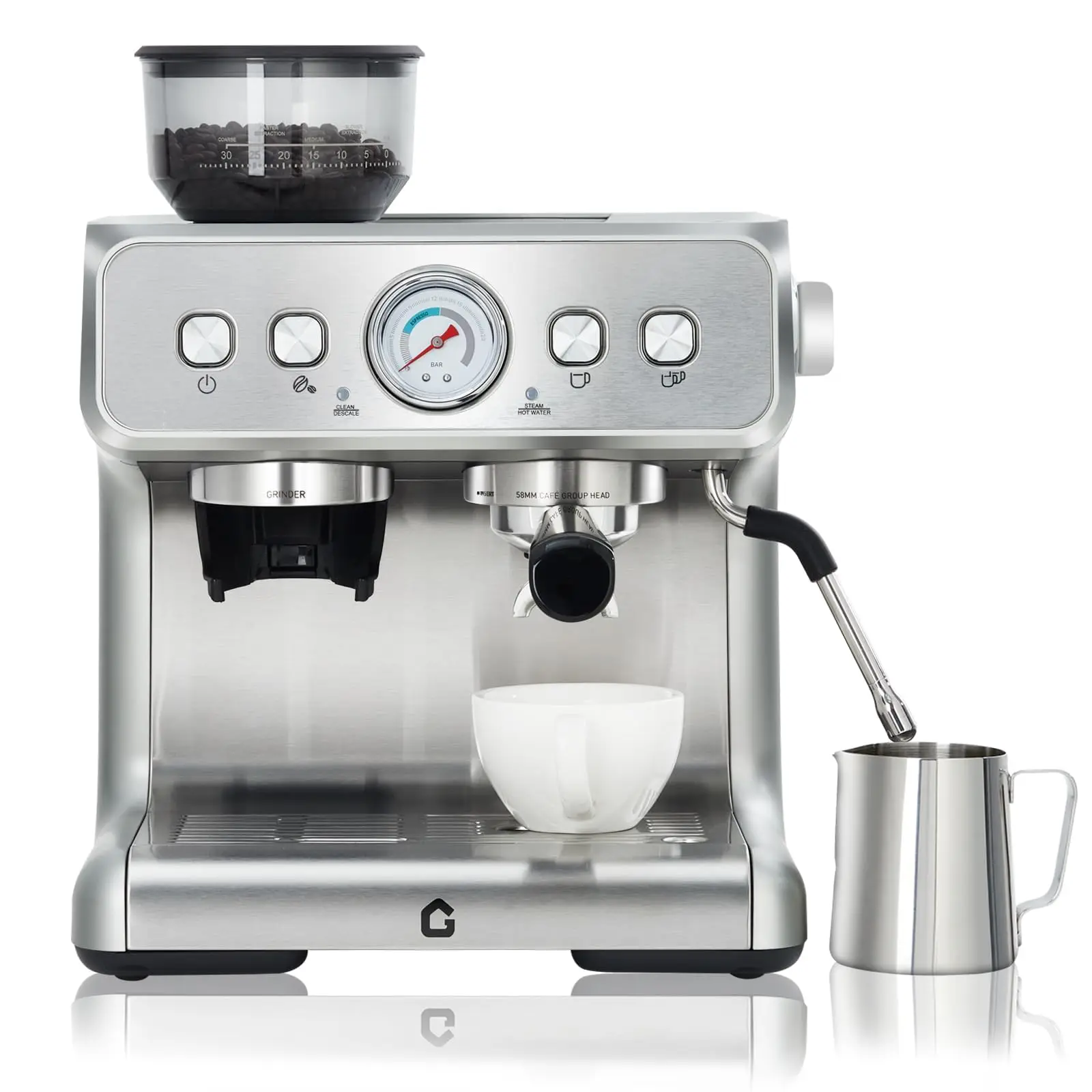 Professionelle Espresso-Kaffeemaschine mit Filterhalter und integriertem Kaffeemühle - 15 Bar Druck - Milchaufschäumer und Sichtfenster