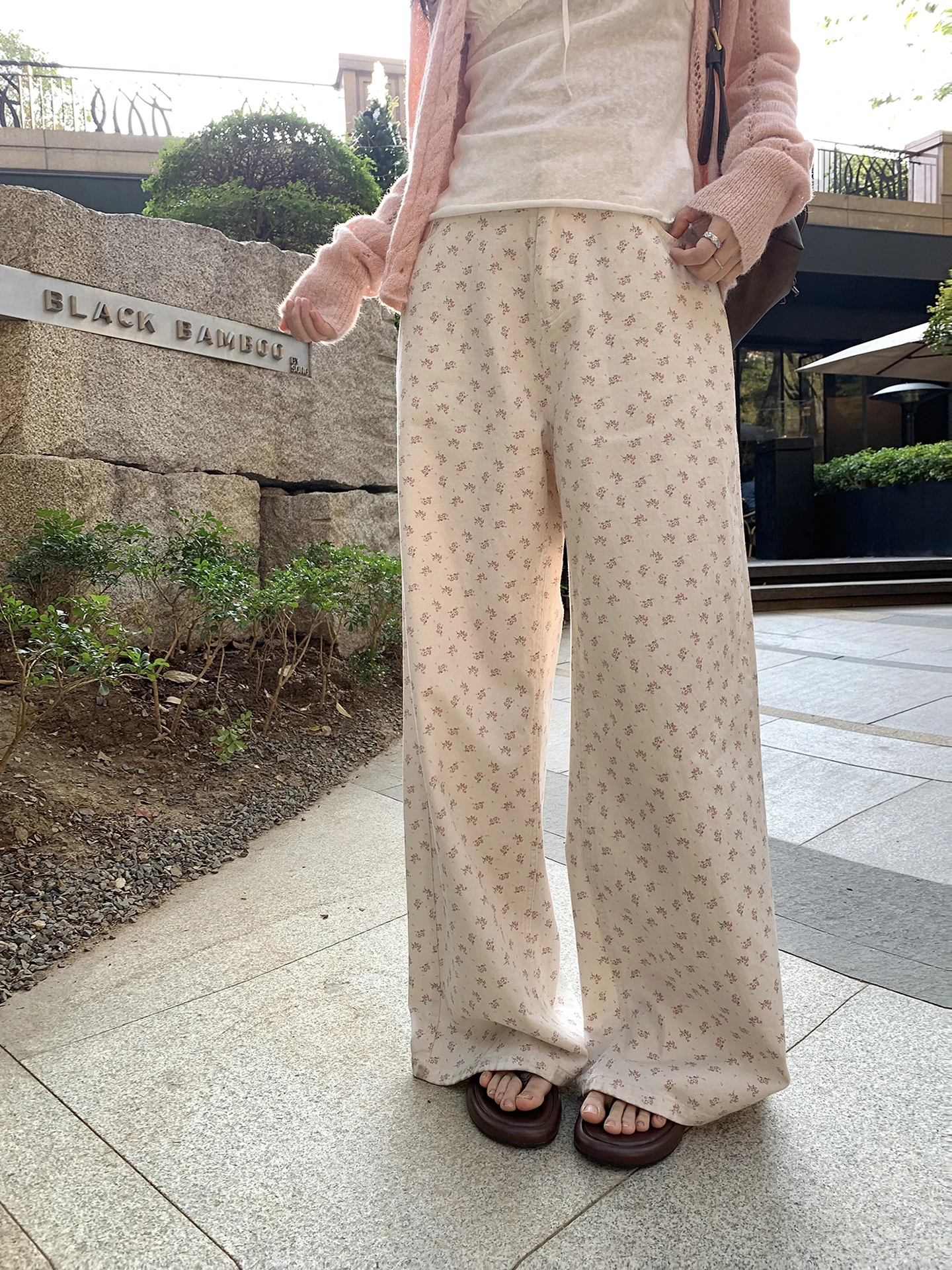 

Floral Print Loose Women's Jeans Spring Summer Casual Fre Peach Color Drapey Wide Leg Pants Versatile Cotton Denim Trousers