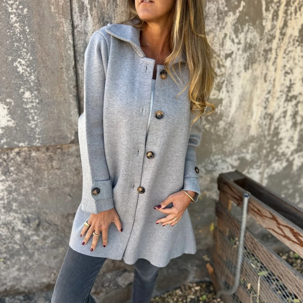 

Autumn Winter Women's Pure Color Collar Cardigan With Pocket Medium Length Single Button Coat New Arrival
