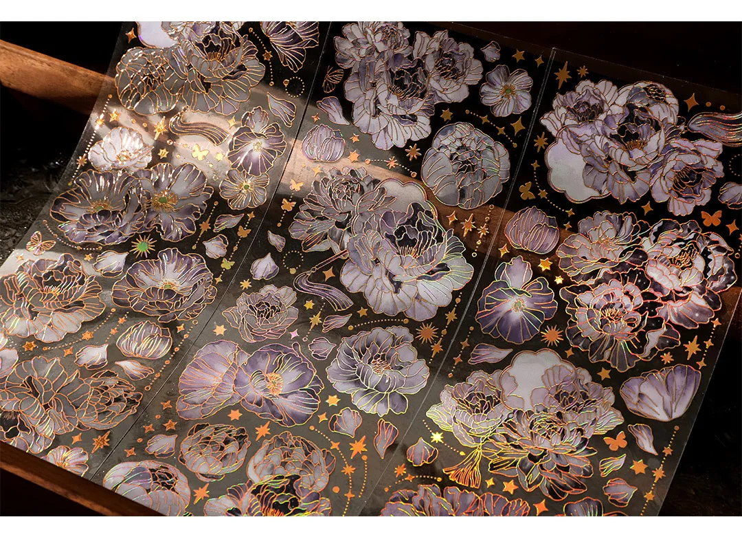 3 Sheets/pack Sky Light Flower Shadow Series 3D Color Hot Gilding PET Stickers China Retro Plants Scrapbook Decorations