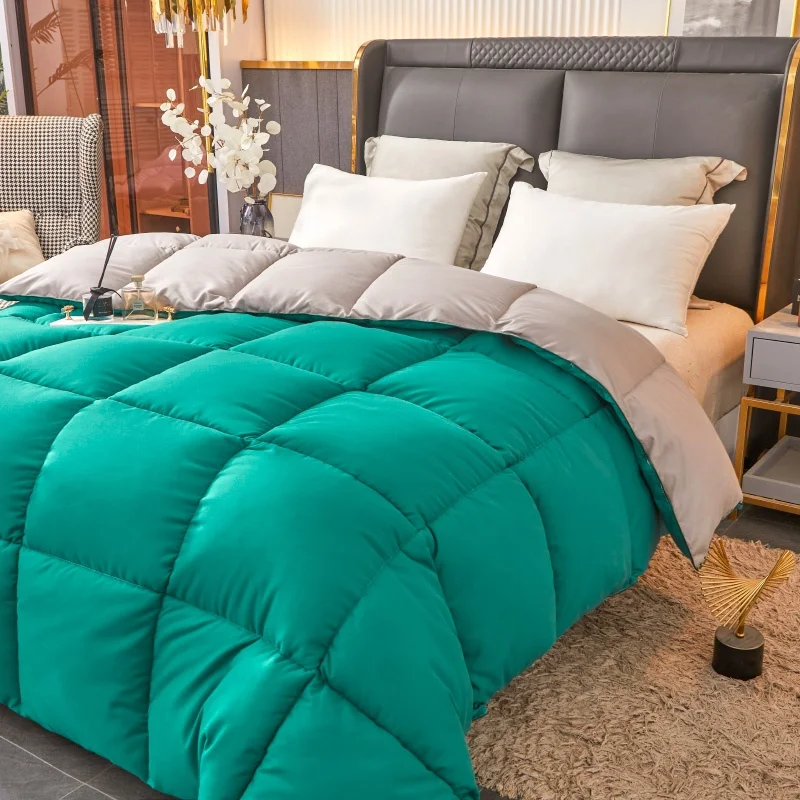 Fluffy Quilted Comforter Green&Grey Goose Down Like Duvet Lightweight Warm Winter/Autumn/Spring Full Thick Blanket Quilt Code