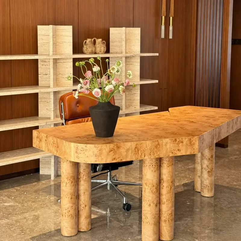 Retro Solid Wood Desk Simple Rectangular Writing Table Natural Tree Knot Art Home Office Furniture Wabi Sabi Style Study Desk