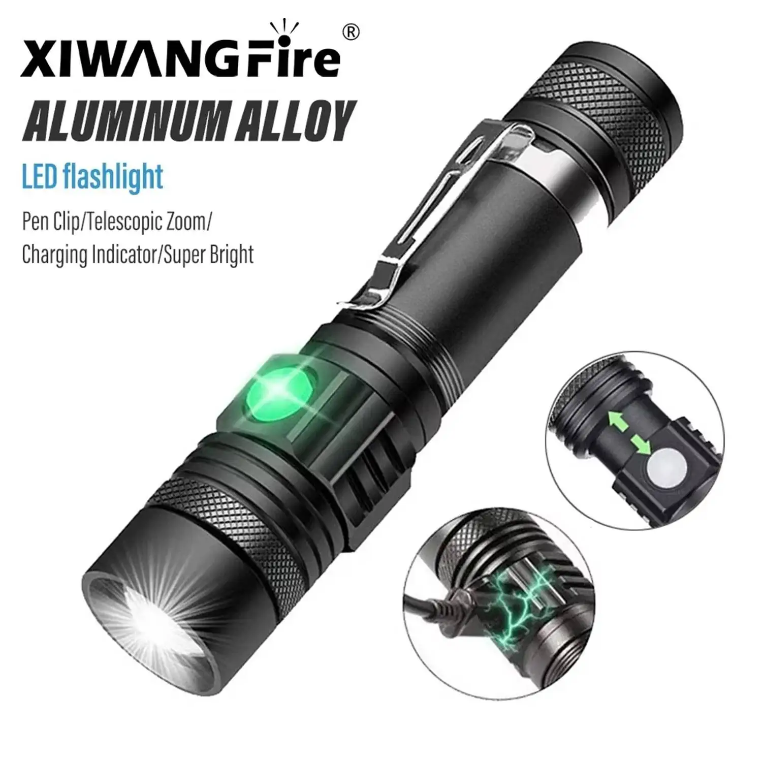 T6 LED Flashlight Strong Light Long-Distance USB Rechargeable 18650 Battery Torch Telescopic Zoom Outdoor Emergency Searchlight