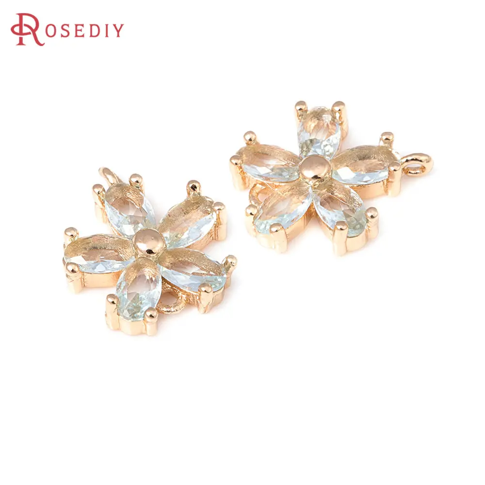 6PCS 18K Gold Color Brass and Zircon 2 Holes Flower Connect Charms Pendants Diy Jewelry Making Earrings Accessories for Women