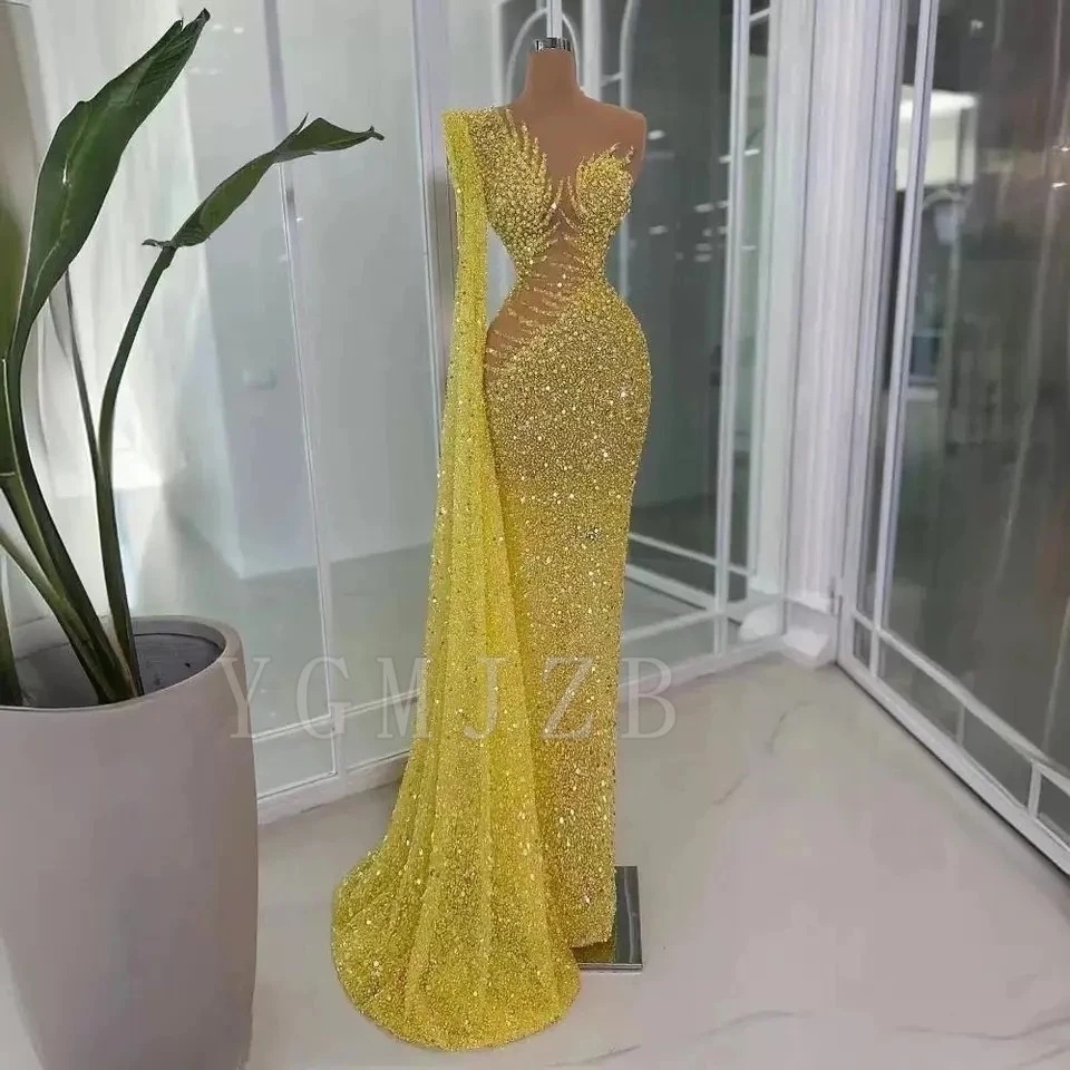 

Yellow Long Dubai Evening Dresses Luxury Mermaid Beaded with Long Side Train Prom Party Gown for Special Occasions Customized
