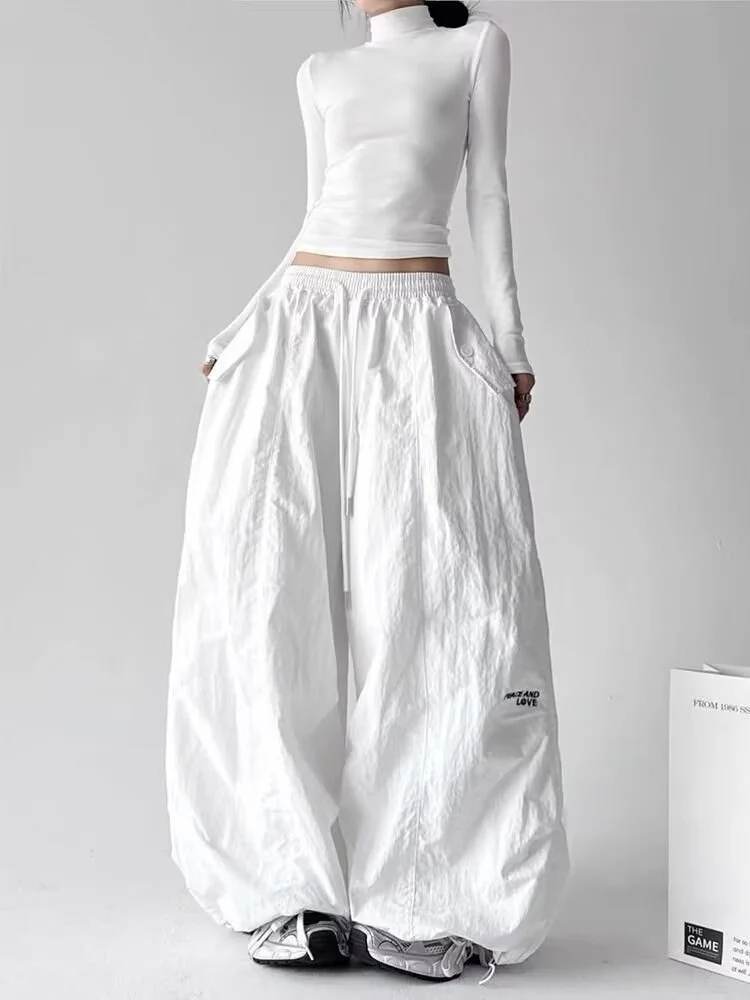 Women Summer Ice Silk Quick Dry Wide Leg Pants High Waist Drawstring Casual Cargo Slim Fit Plus Size M165